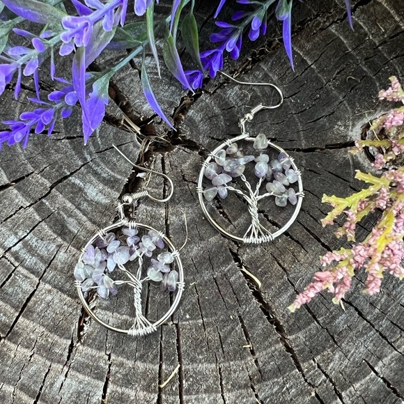 Tree Of Life earrings Amethyst earrings Purple Earrings Hoops Stone Dangle Boho - Picture 10 of 13